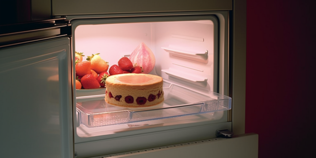 A cake and fruits stored in the refrigerator.