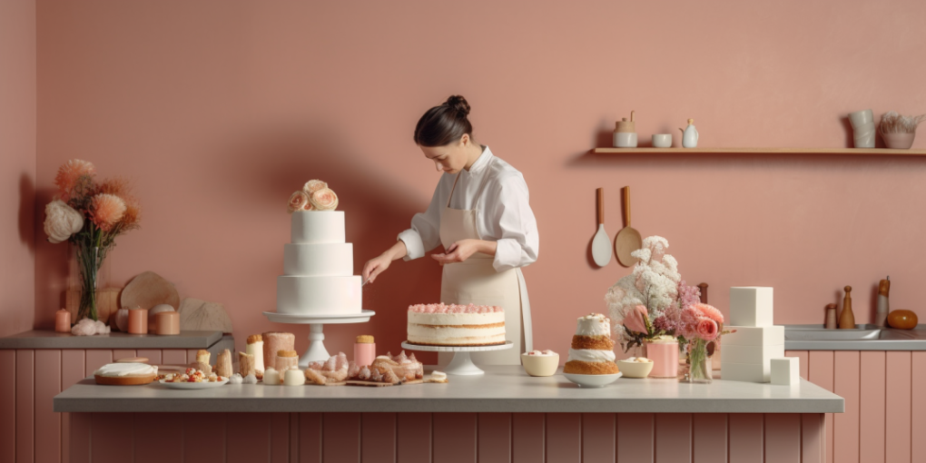 A woman wearing an apron, preparing a three-layered cake on a kitchen table alongside another cake.