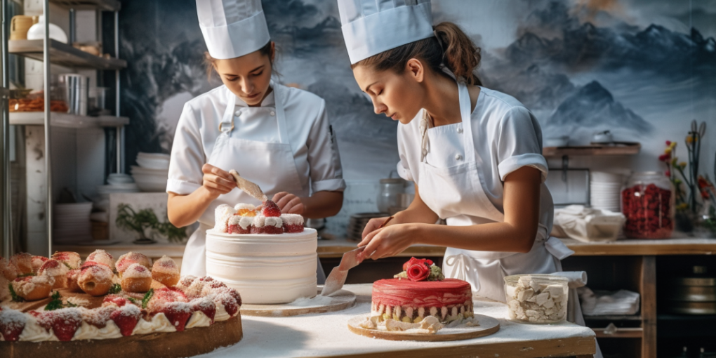 Female chefs busy preparing cakes in the kitchen.