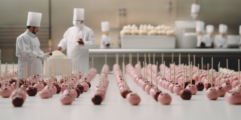 Numerous cake pops being prepared by chefs on a table