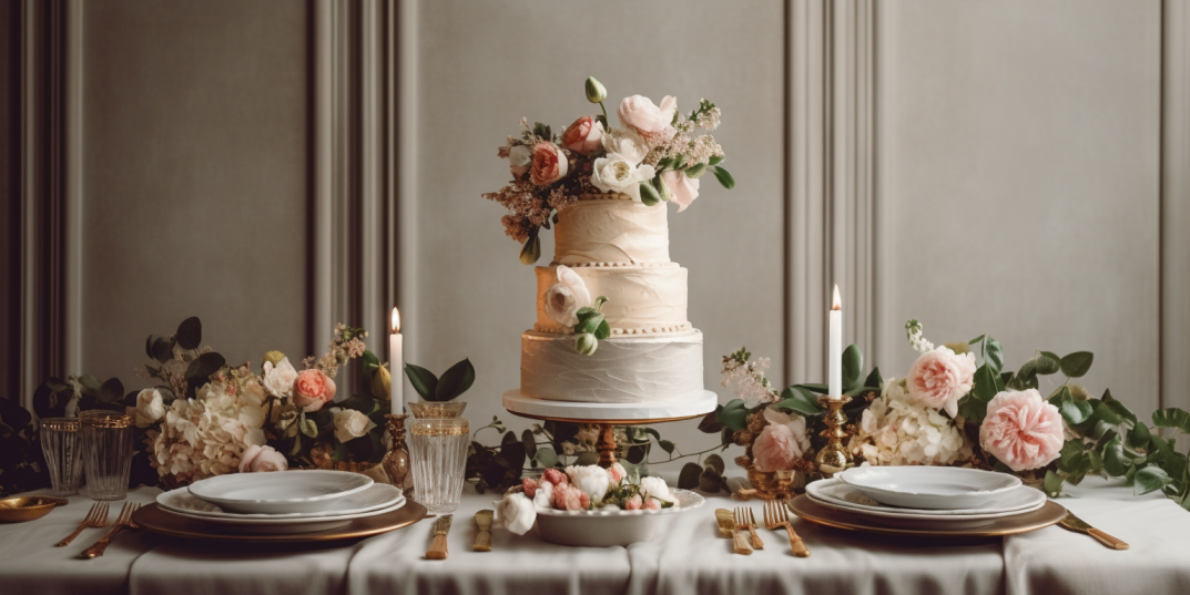 A table set up with a floral arrangement featuring a three-layered cake, with candles and utensils.