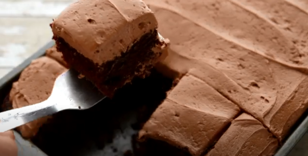 Square piece of chocolate cake on a fork