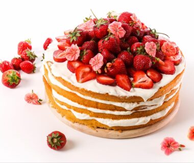 a four-layer strawberry cream cake with a few strawberries around it