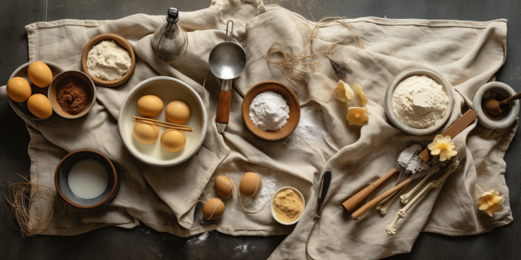 A cluttered kitchen table with different baking tools and ingredients.