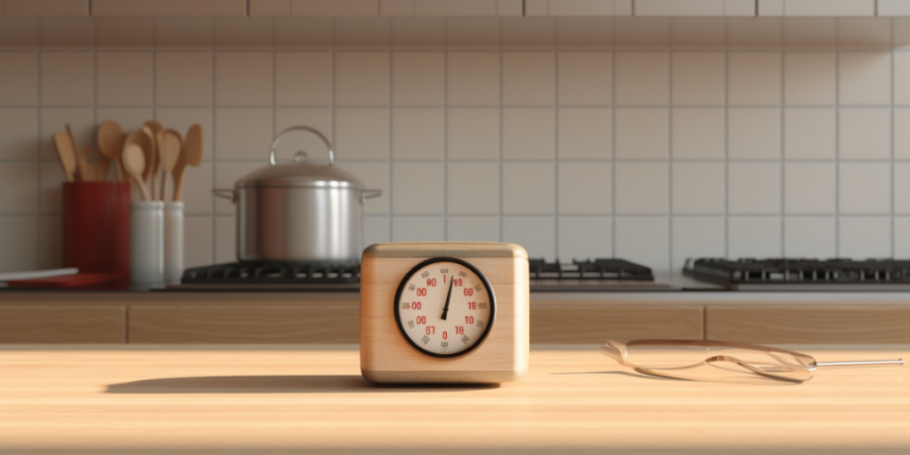 A clock on a kitchen table.