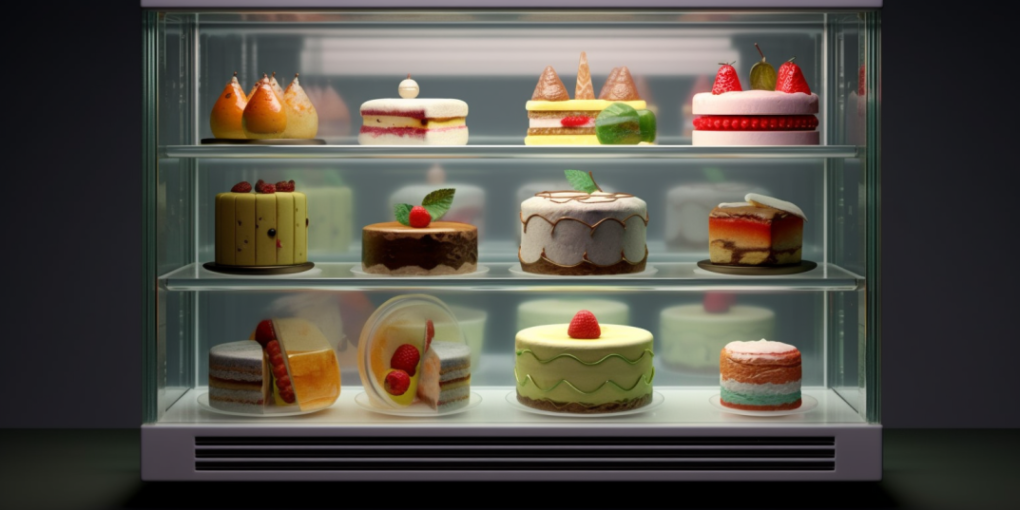 Various cakes showcased in a cake fridge cabinet