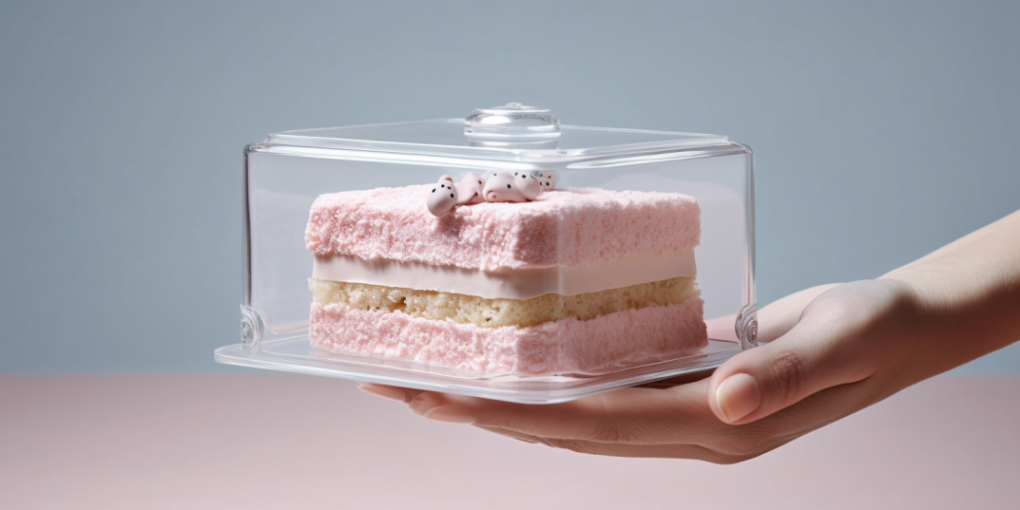 A cake enclosed within a transparent container.