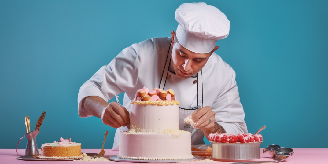 A chef applying frosting on a 2 layer-cake