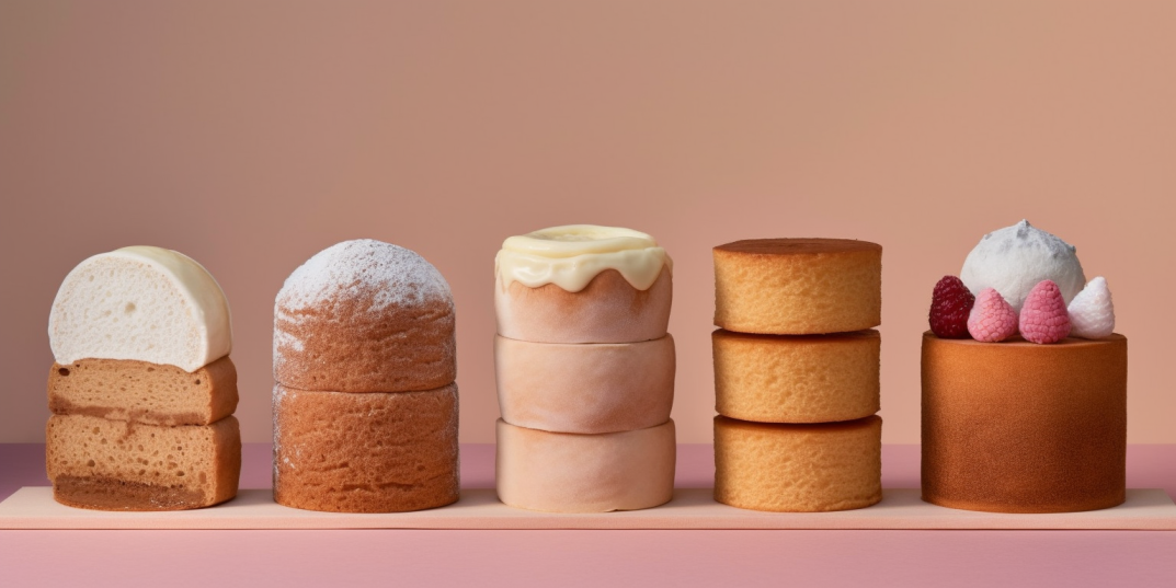 Various unfrosted cakes displayed on the table.