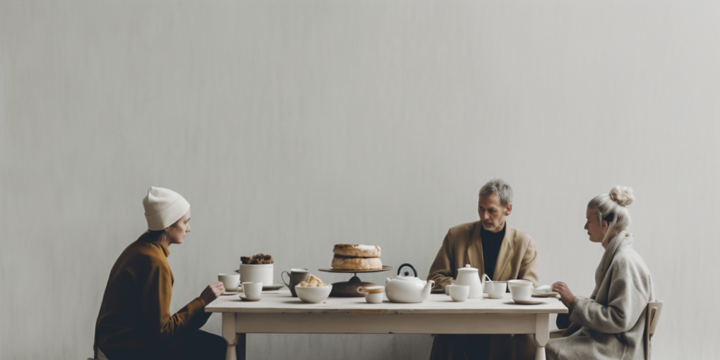 A family having tea and cake together at their home, seated around a table.