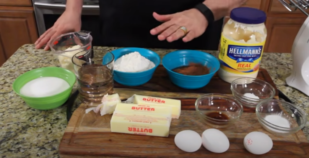 Neinmanns Birthday Cake Mayonnaise jar on the table next to other cake ingredients