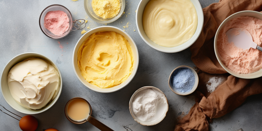 Top view of various baking batters and powders spread out on a table.