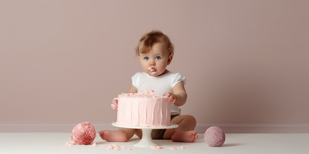 A sitting baby smashing a smash cake.