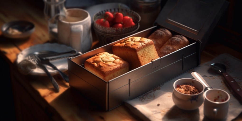 A freshly baked cake inside a container with various tools and ingredients scattered around