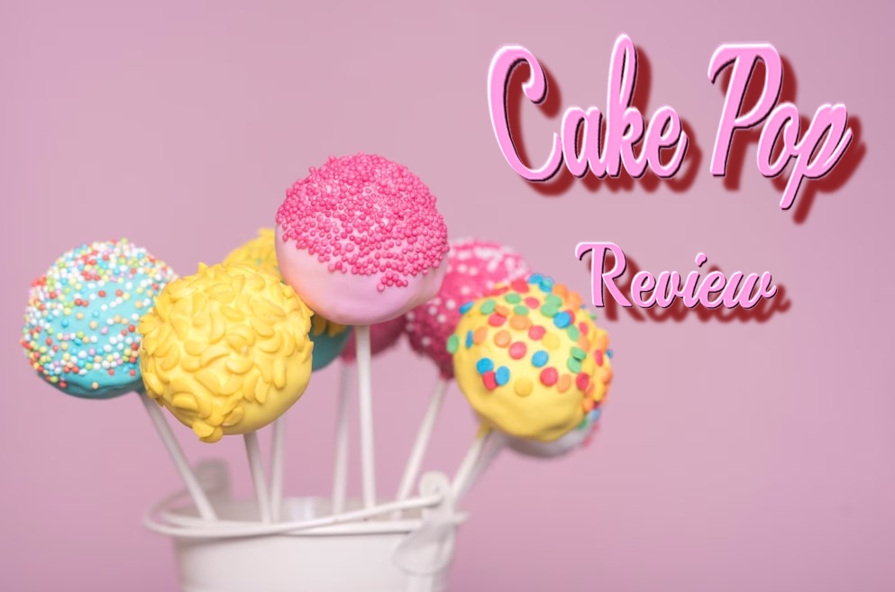 “a cake pop review logo with several pop cakes in a glass