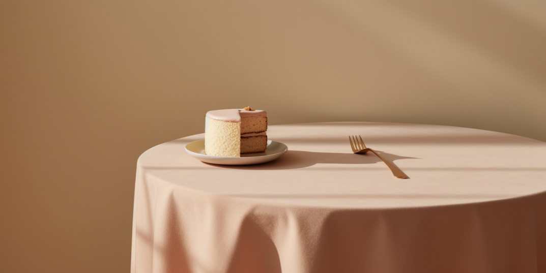 A partially sliced cake placed on a table alongside a fork.