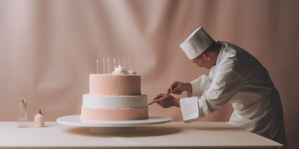 Pastry chef adding frosting to a two-layer cake