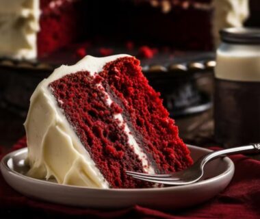 A slice of red velvet cake with white frosting on a plate with a fork