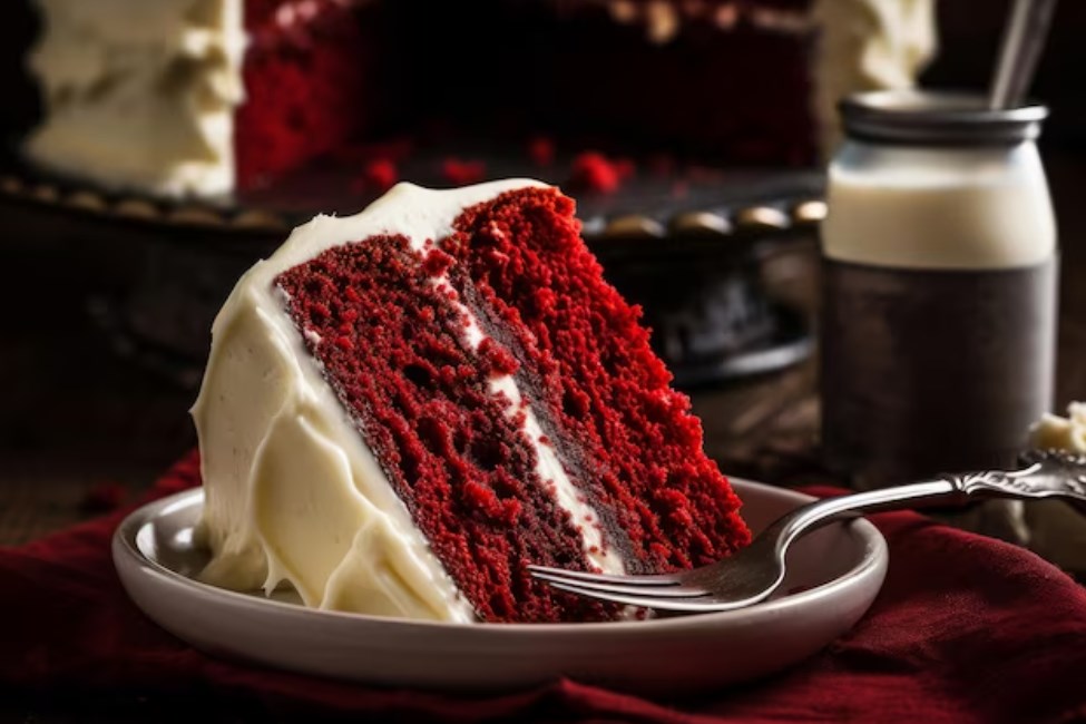 A slice of red velvet cake with white frosting on a plate with a fork