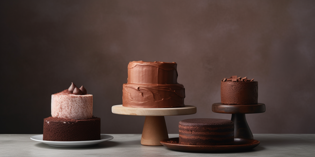 An assortment of chocolate cakes displayed on the table.