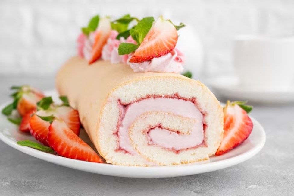 a strawberry cream roll with sliced berries around it