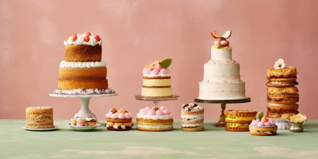 Several cakes on a green table