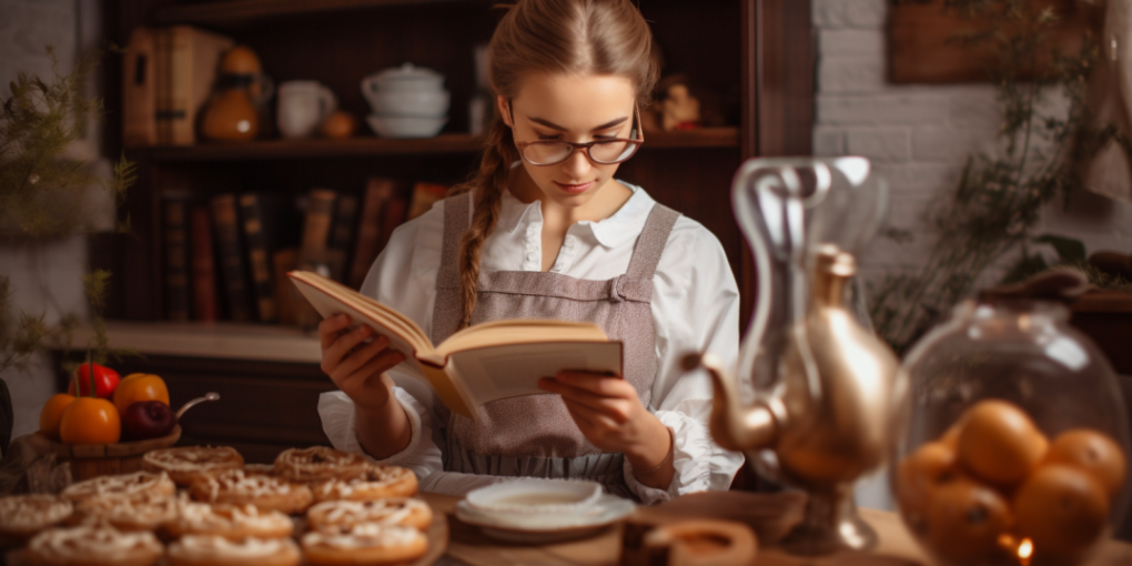 A girl reading a cookbook at a table filled with pastries