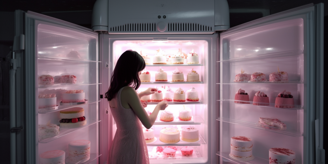 A girl putting an ice cream cake in a fridge filled with more ice cream cakes.