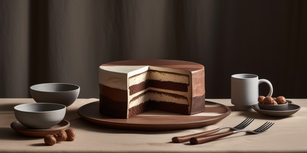 A tuxedo cake displayed on a table set with utensils, bowls, and a mug.