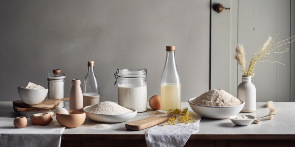 Different ingredients for cake baking presented on a table