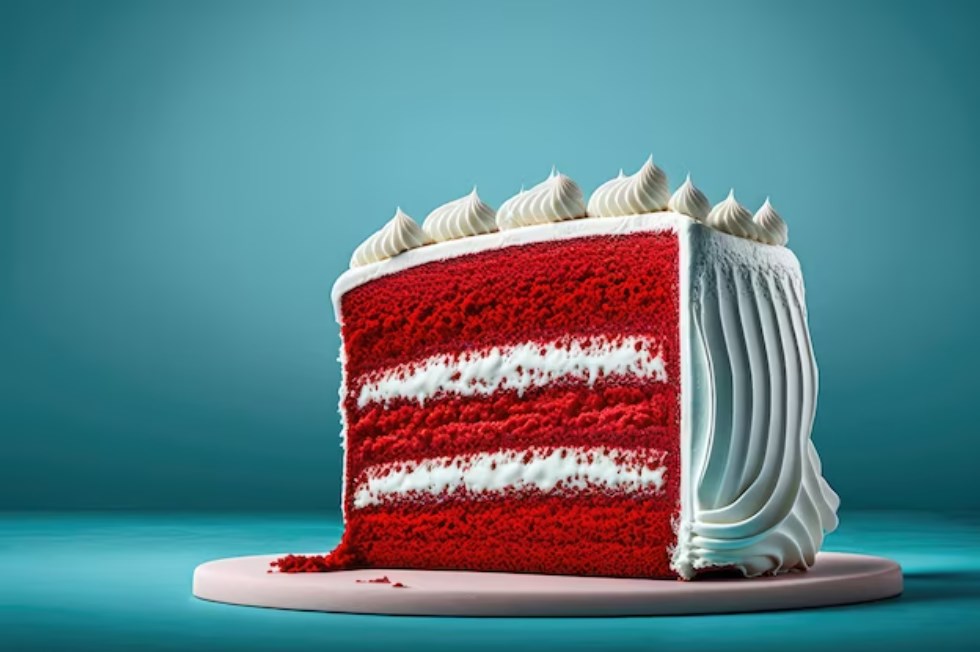 A piece of red velvet cake with boiled milk frosting on a blue background