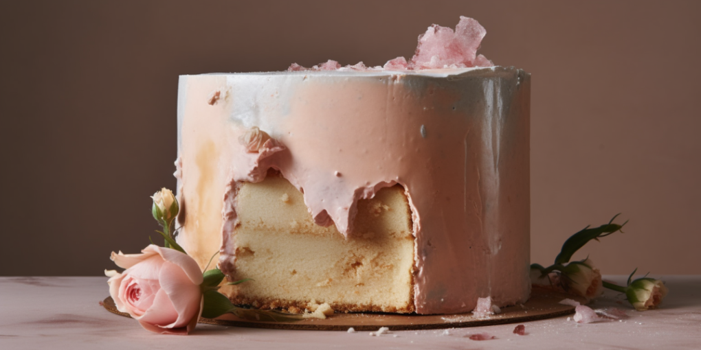 A spoiled pink cake adorned with flower decorations.