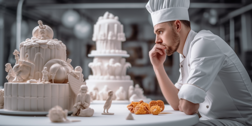 Pastry chef thinking in front of plain white cakes