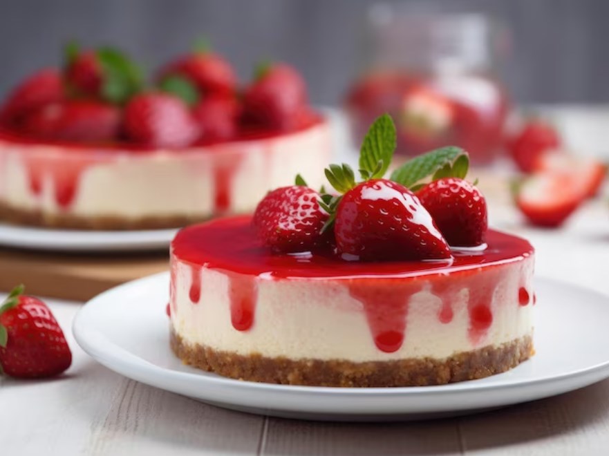 a strawberry cheesecake drizzled with strawberry melt on a plate