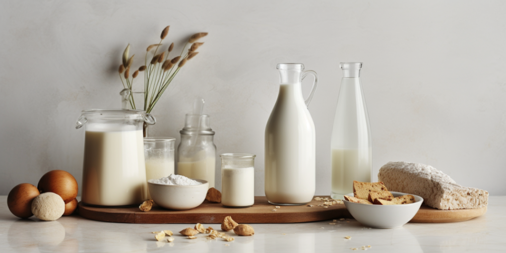 Bottles of milk, flour, eggs, and bread arranged on the table