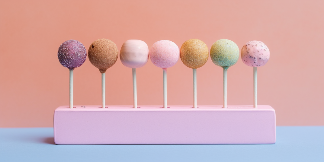 Assorted flavors of cake pops arranged in a pink stand