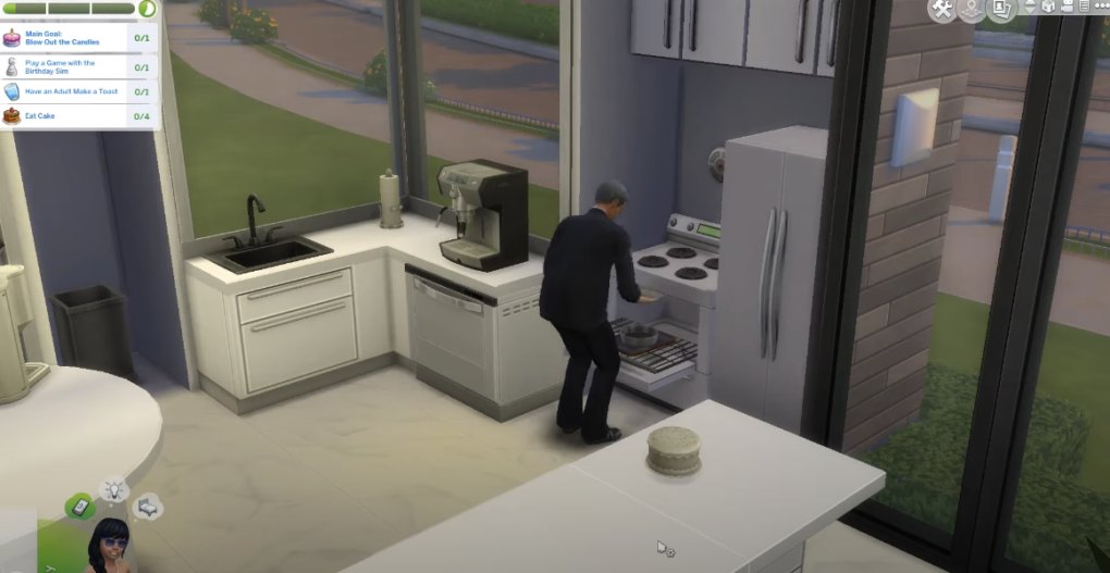 A Sims character removing a cake from the oven and placing it on a surface.