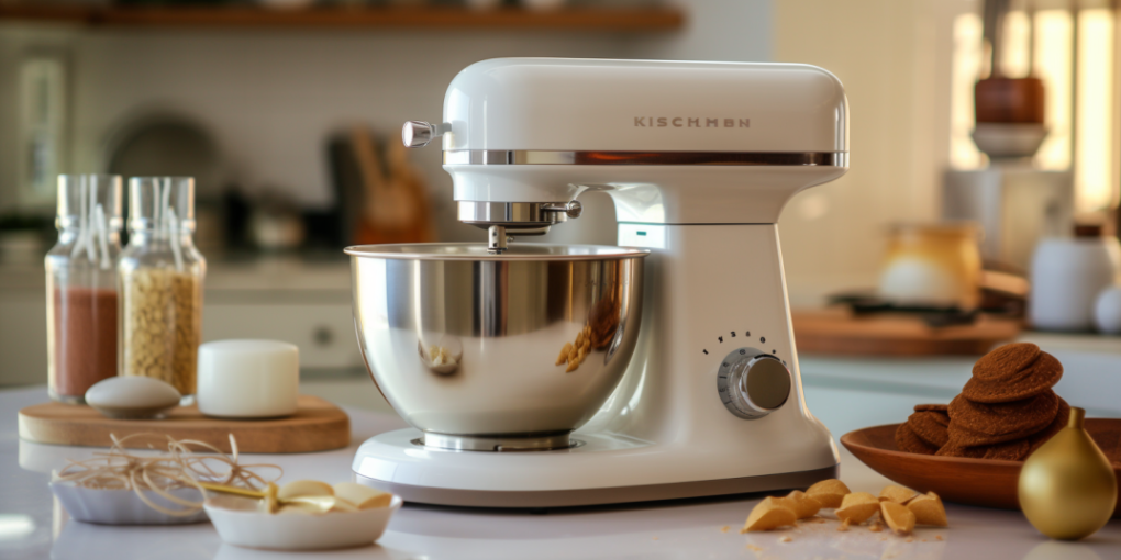 White stand mixer with various ingredients on the table