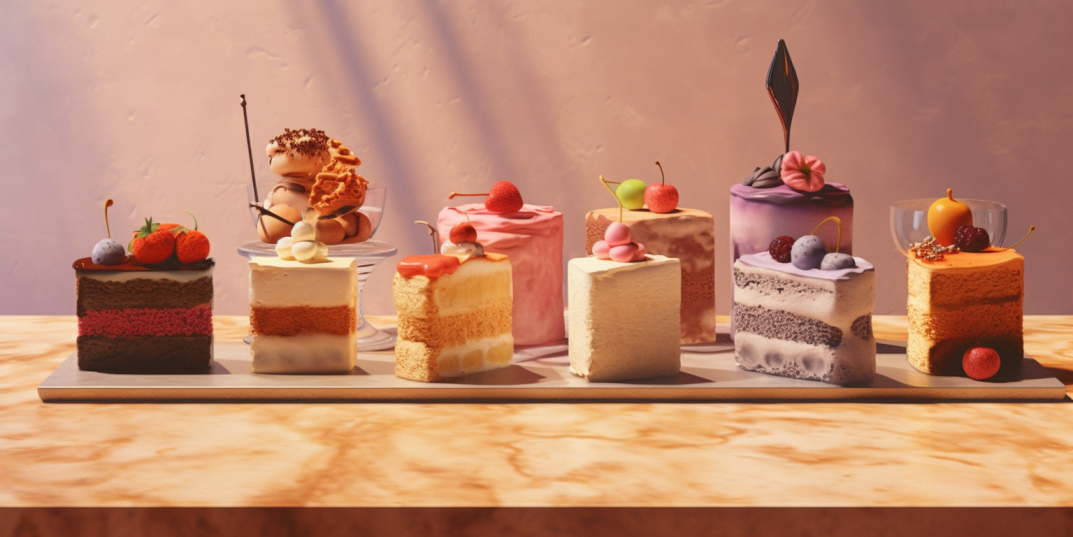 Various types and flavors of cakes displayed on top of a table